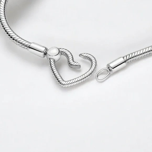 925 Sterling Silver Heart Charm Bracelet, Snake Chain Design - Picture 3 of 5